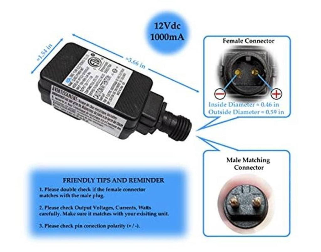 12V power adapter with 2-pin female output connector and size measurement diagram