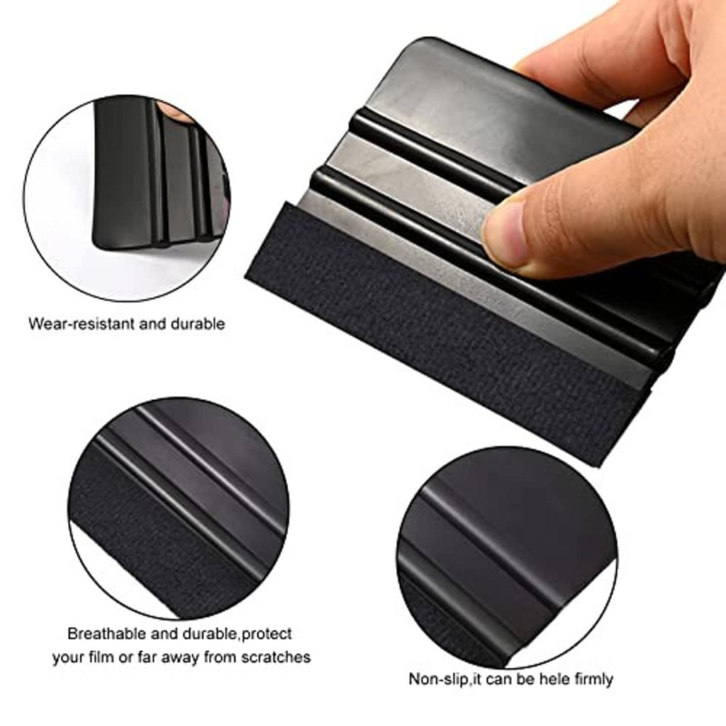 Black felt-edged vinyl squeegee scraper with non-slip grip held in hand
