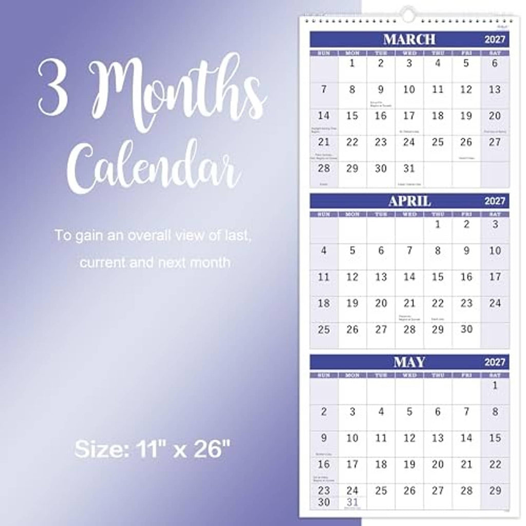 3-month wall calendar booklet with purple design, size 11 x 26 in, featuring March, April, May 2027