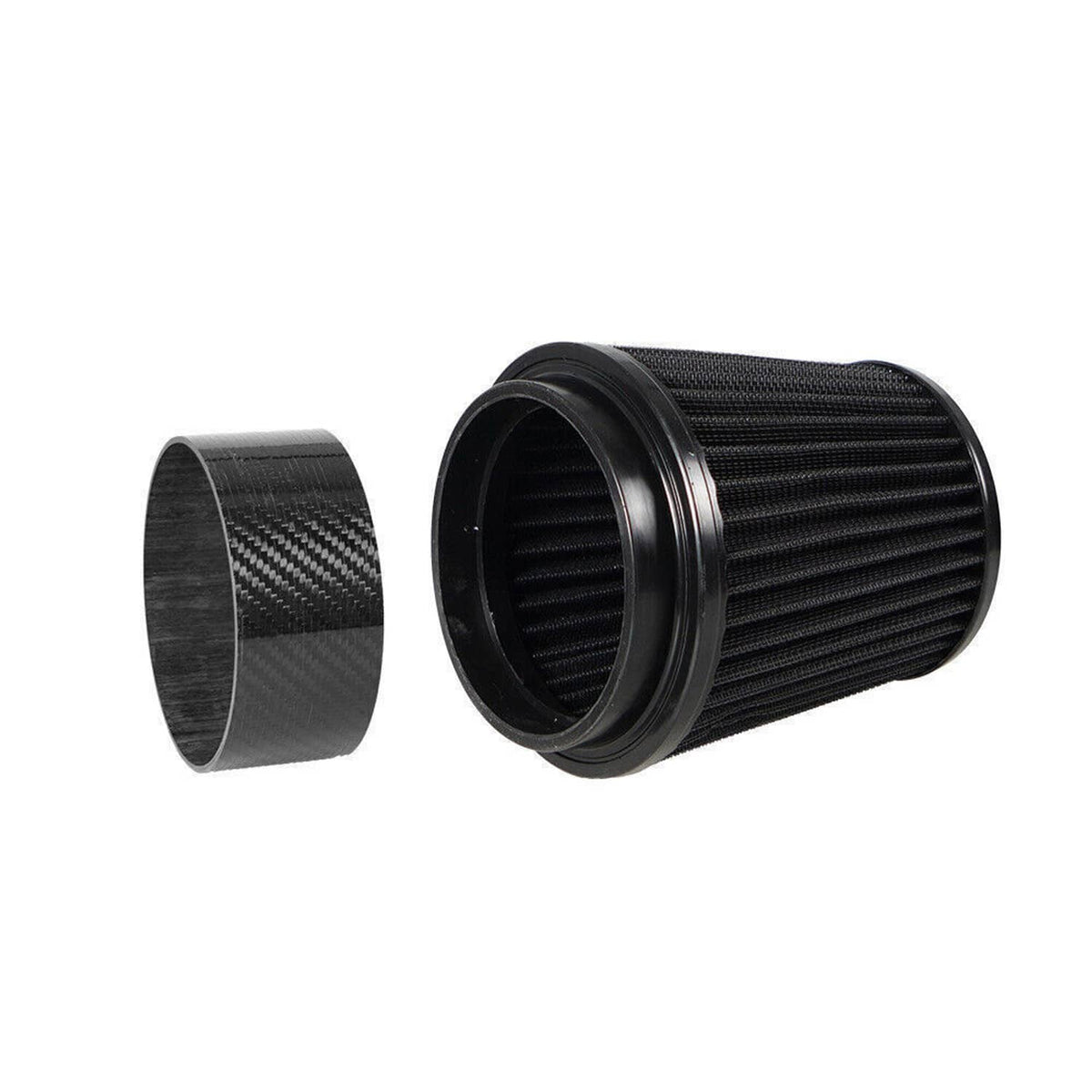 Black cone air filter with intake housing and mounting adapter sleeve