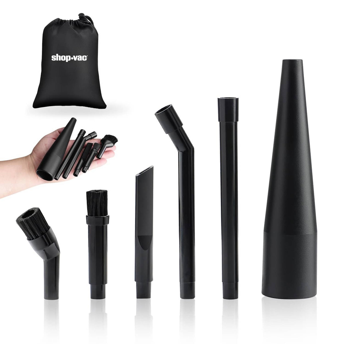 Black micro cleaning nozzle kit with multiple narrow attachments and adapter bag