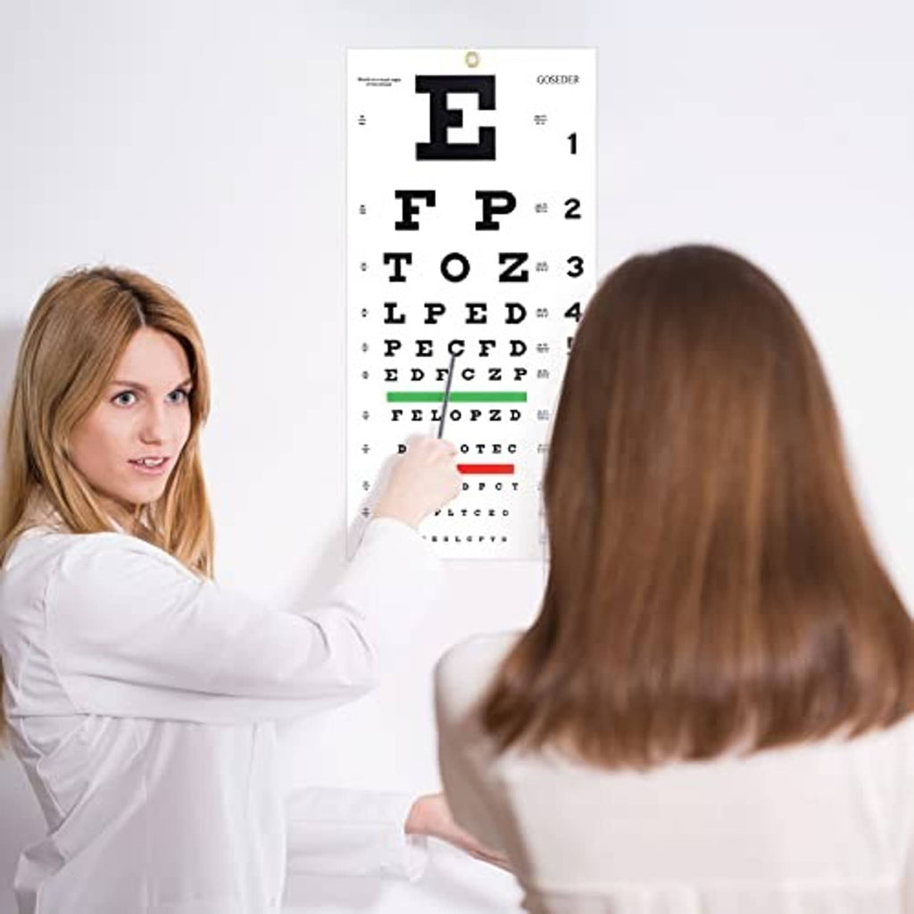 Snellen eye chart sheet with black letters and numbers 1 to 11 and GOSODER logo