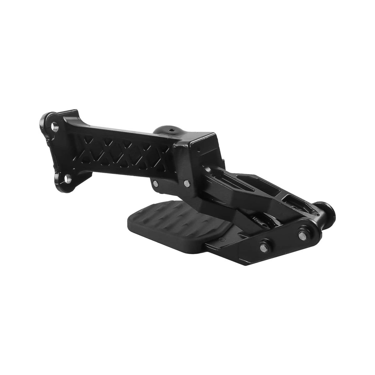 Retractable side bed step angled view, black frame and textured standing platform