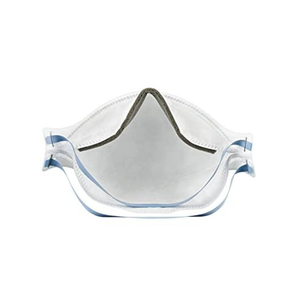 White 3M Aura N95 respirator with interior view and blue head straps
