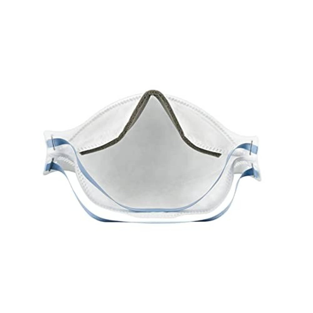 White 3M Aura N95 respirator with interior view and blue head straps