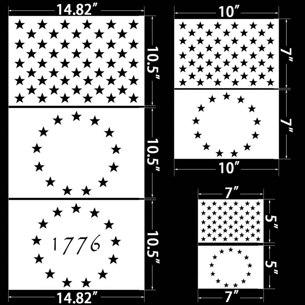 Star stencil templates with size guides: scattered stars, 1776, and star wreath