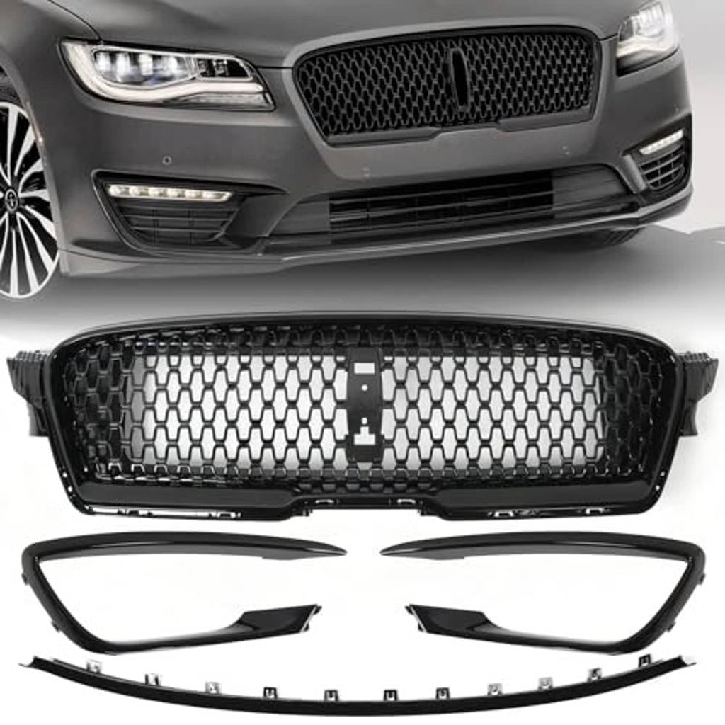 Front bumper grille insert with fog light trim bezels and lower molding, black mesh