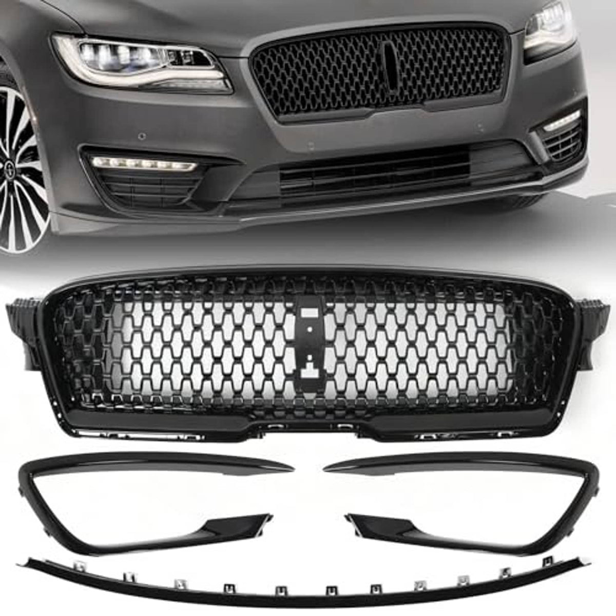 Front bumper grille insert with fog light trim bezels and lower molding, black mesh