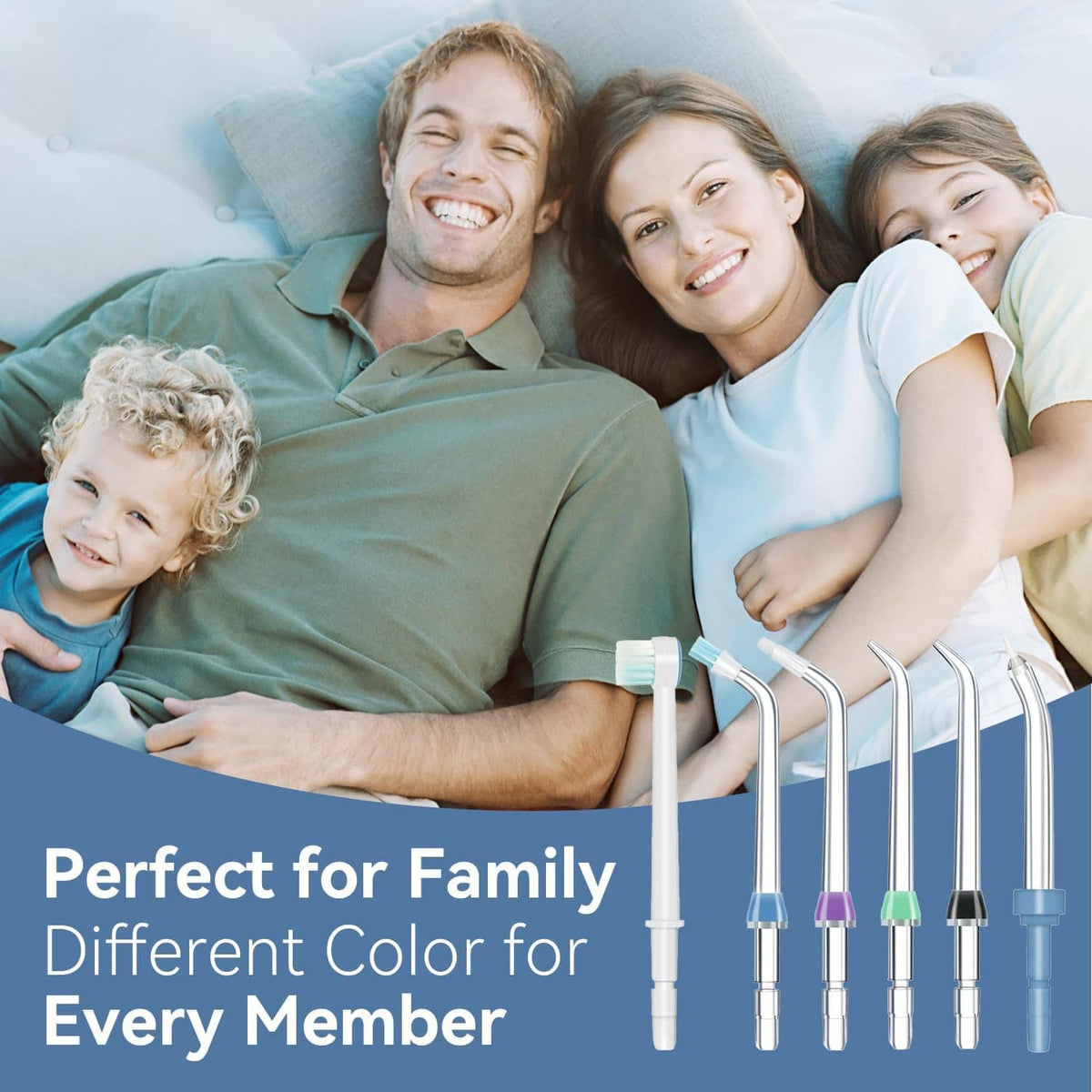 Family water flosser jet tips shown with multicolor ring heads