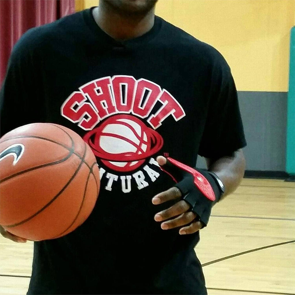 Black fingerless shooting glove with orange palm insert on basketball player