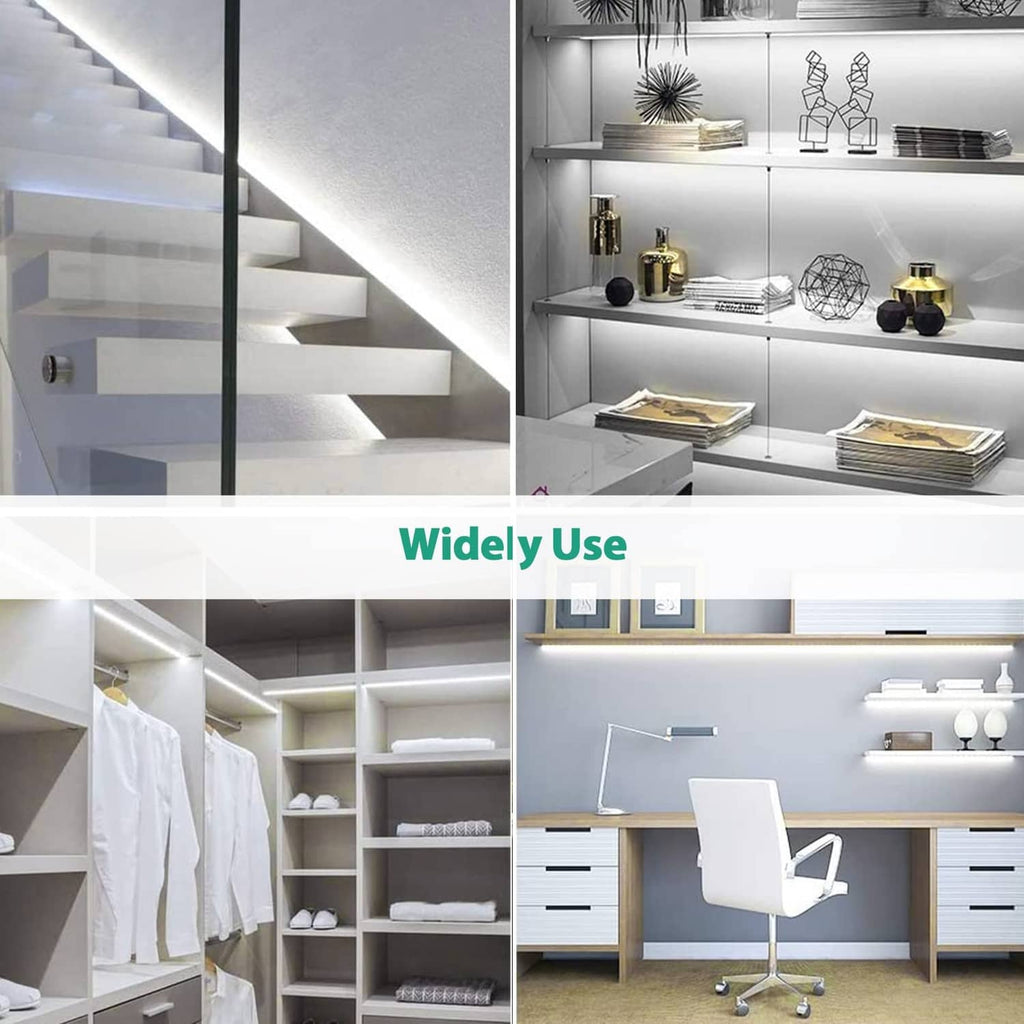 White LED neon rope lights used for accent illumination in stairs, shelves, and vanity areas