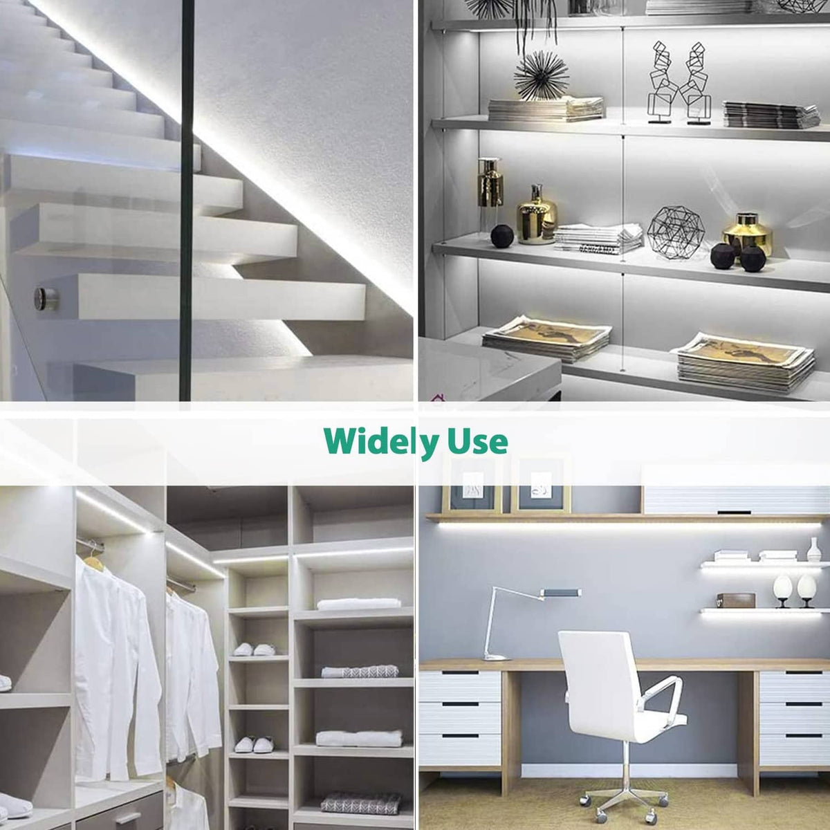 White LED neon rope lights used for accent illumination in stairs, shelves, and vanity areas