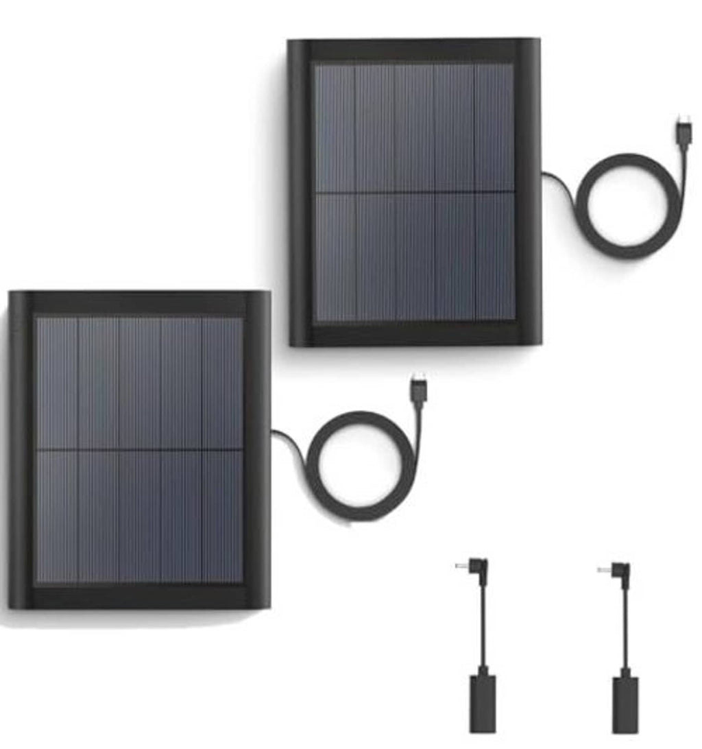 Solar panel charger kit showing two panels, cables, and two small connector plugs