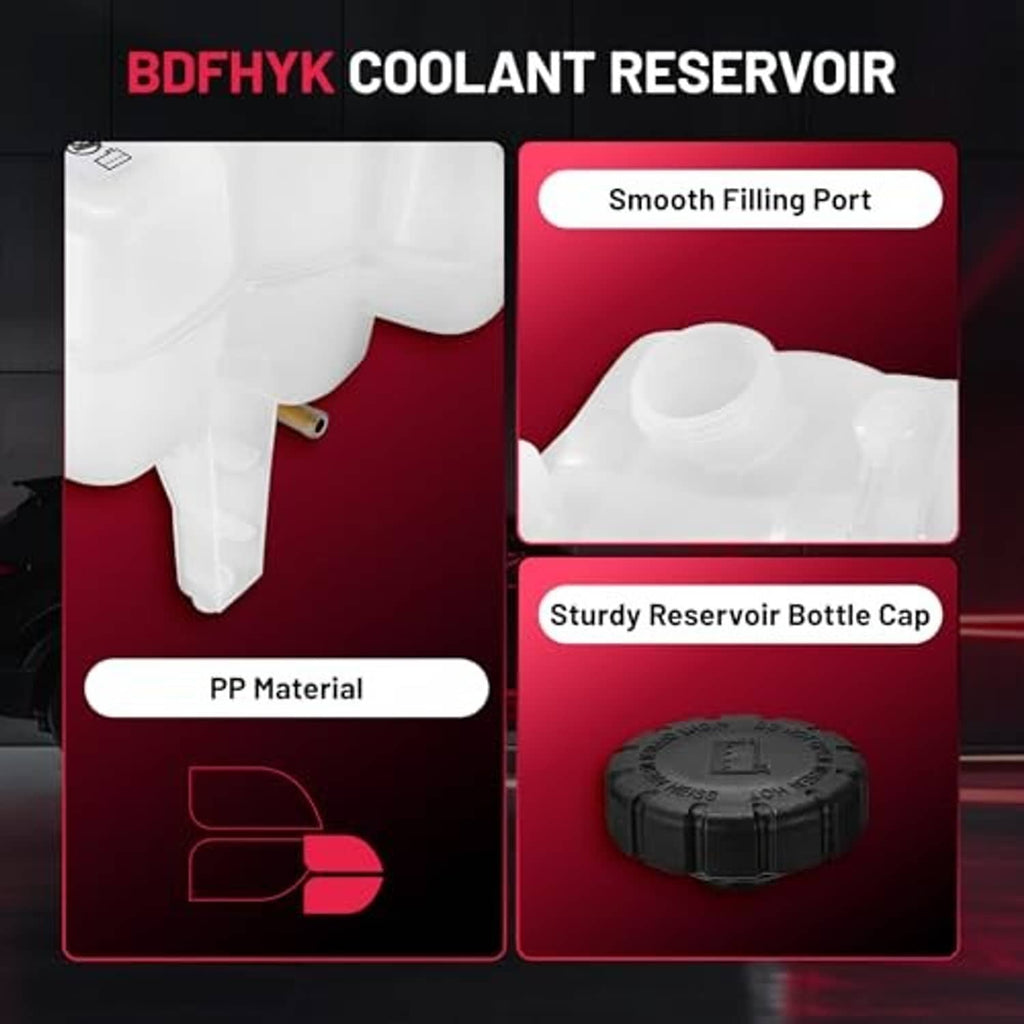 Engine coolant overflow reservoir bottle with smooth filling port and black cap