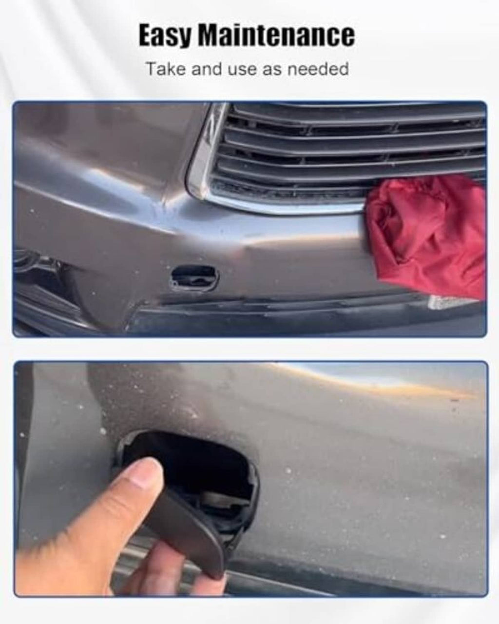 Hand removing a black bumper towing cover from the bumper tow opening.