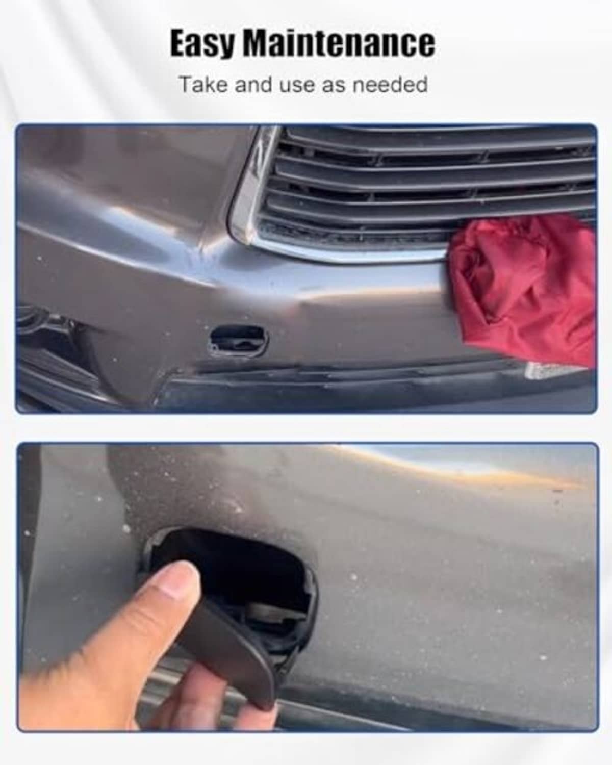 Hand removing a black bumper towing cover from the bumper tow opening.