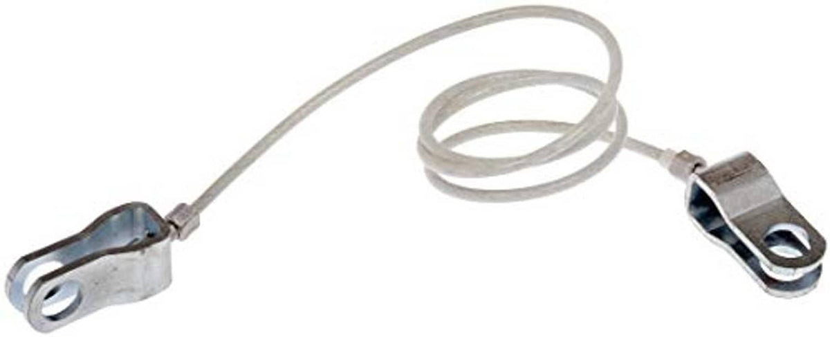 Hood release cable with gray braided wire and two metal attachment ends.