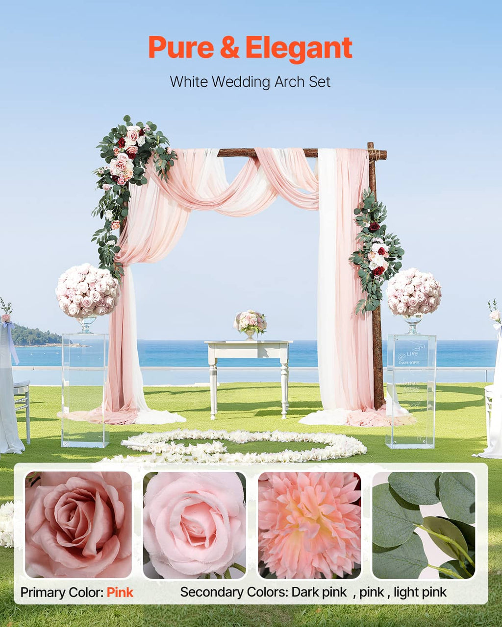 Pink wedding arch drape set with center swag and side artificial flower arrangements