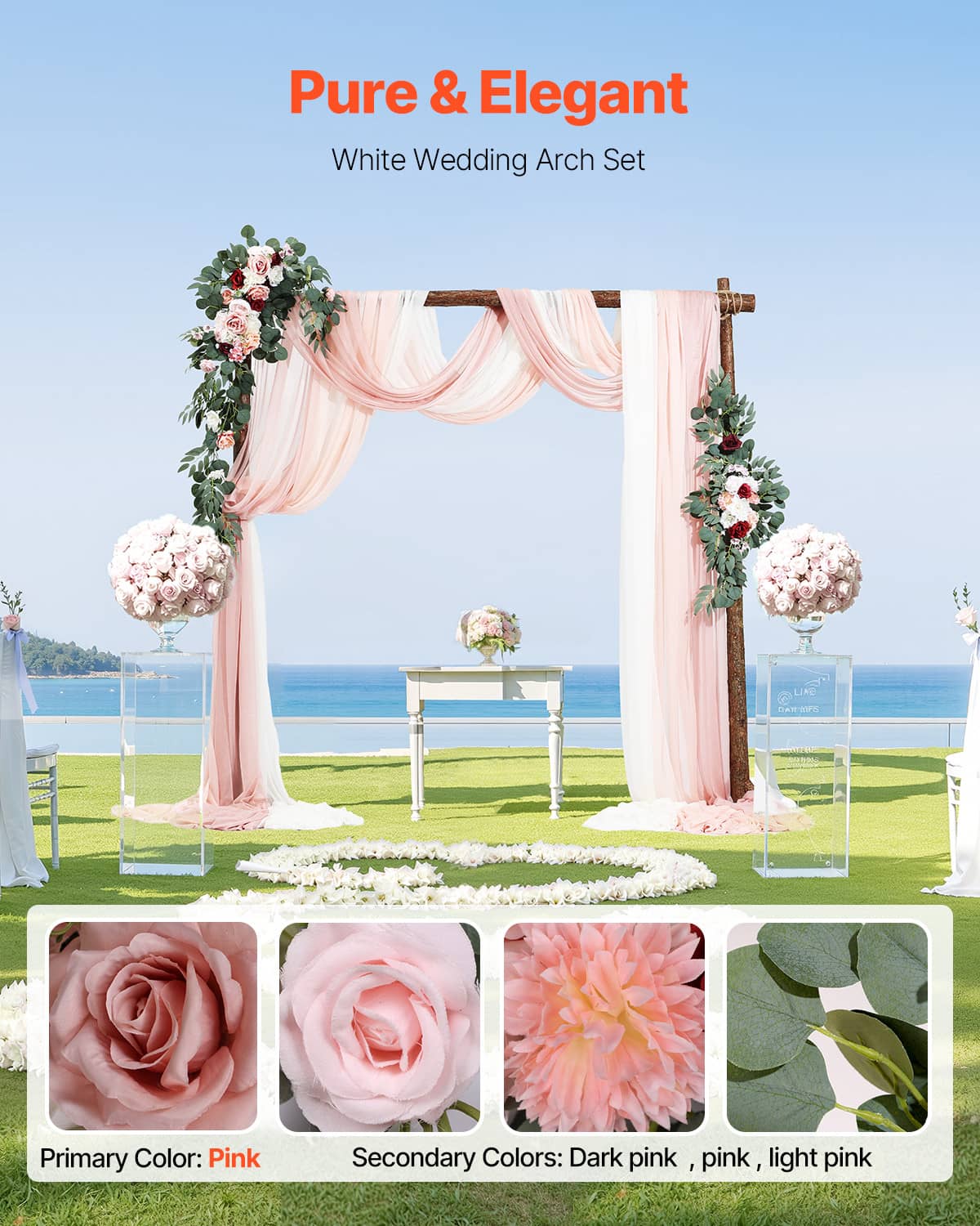 Pink wedding arch drape set with center swag and side artificial flower arrangements
