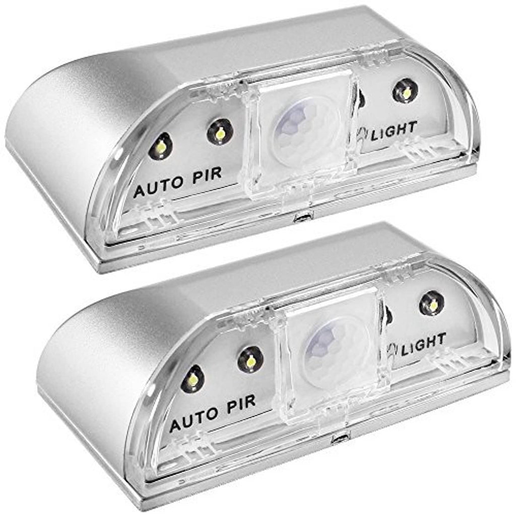Pair of auto PIR keyhole LED door lights, clear front lenses on brushed silver bodies