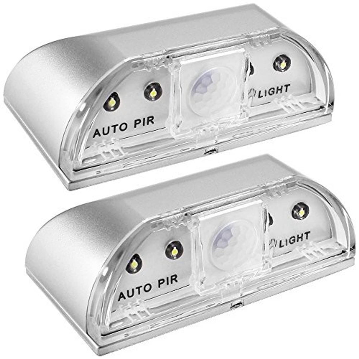 Pair of auto PIR keyhole LED door lights, clear front lenses on brushed silver bodies