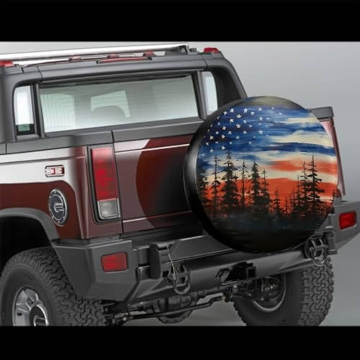 Spare tire cover with American flag forest print shown on a vehicle rear