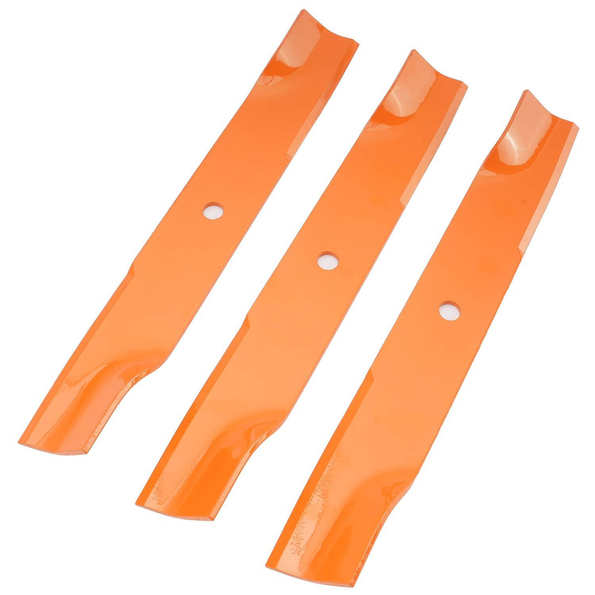 Four orange lawn mower blades with mounting holes for replacement set