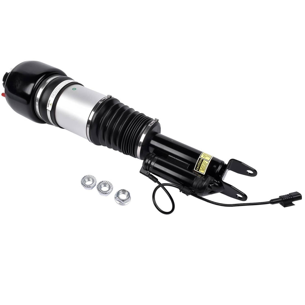 Front left air suspension strut at angle with mounting fork, silver sleeve, black base and coils