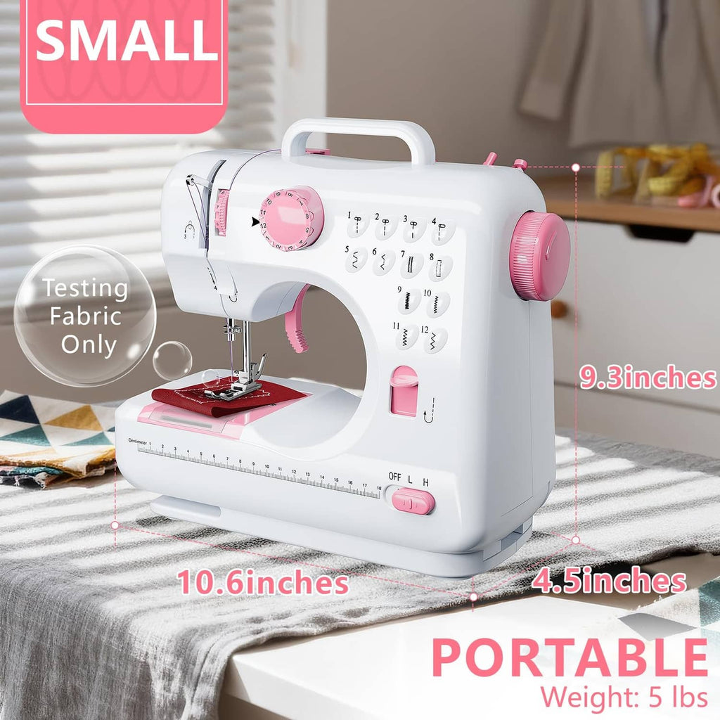 Compact portable sewing machine with pink rotary dial and built-in control panel