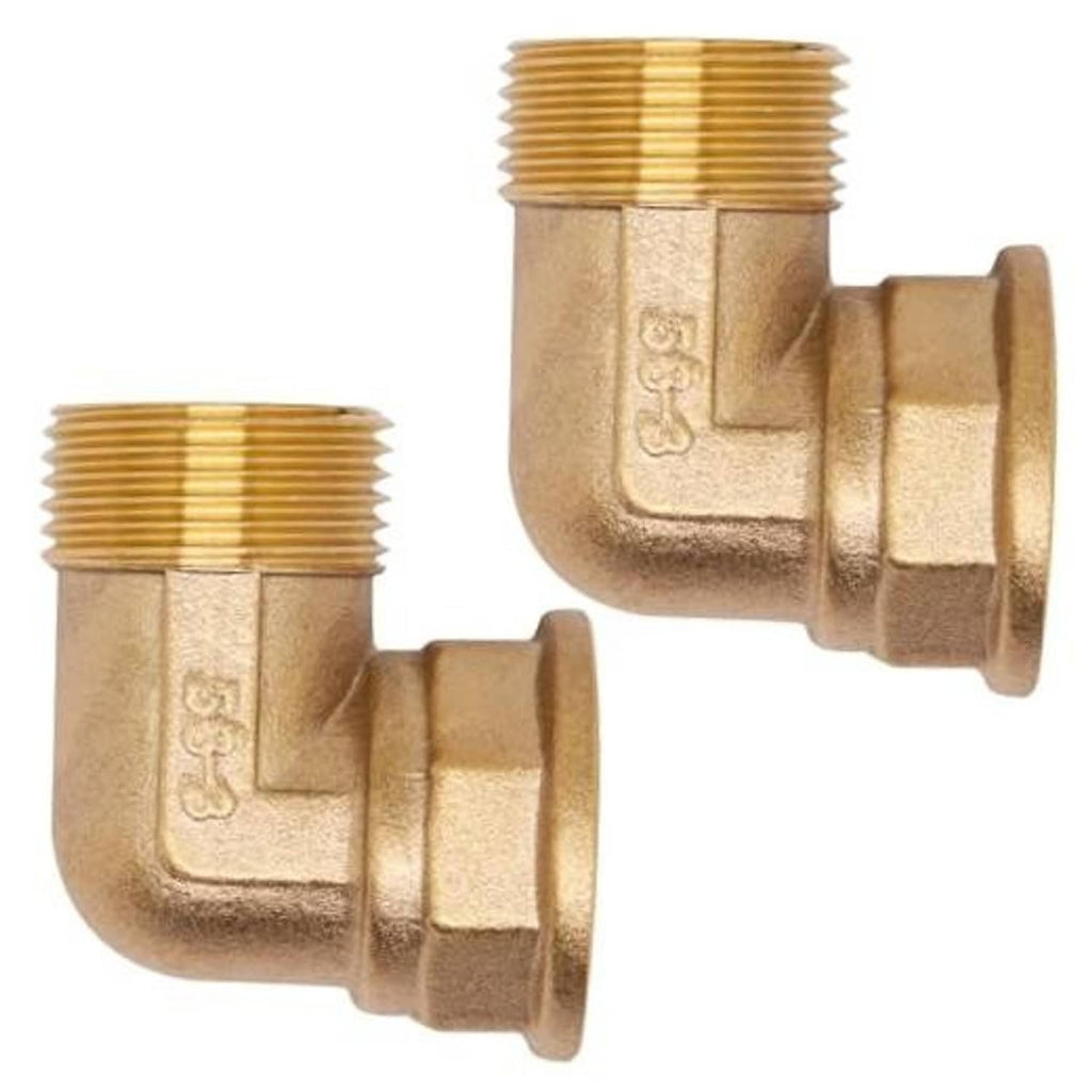 Brass 90-degree pipe elbow fitting with male-to-female NPT threads, 1 in.
