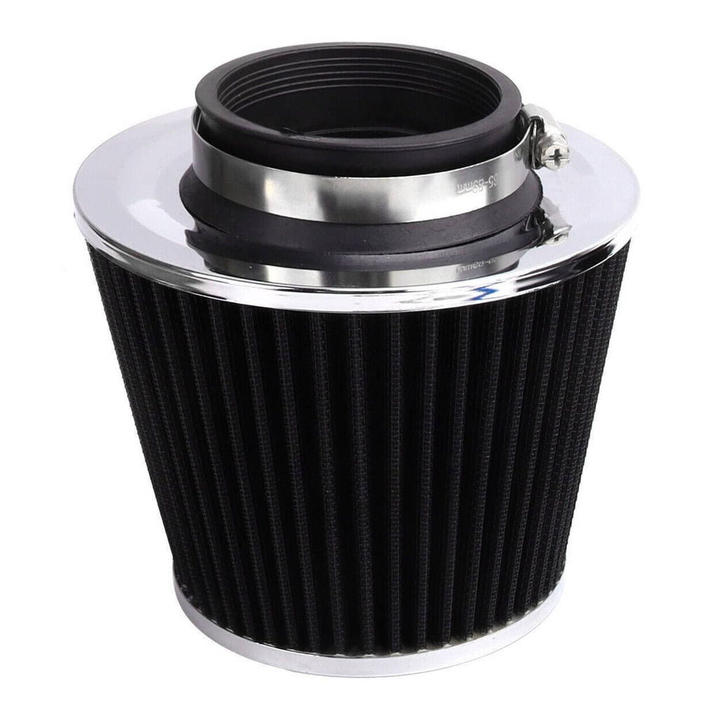 Black air filter cone with chrome rim and intake flange for cold air intake kit