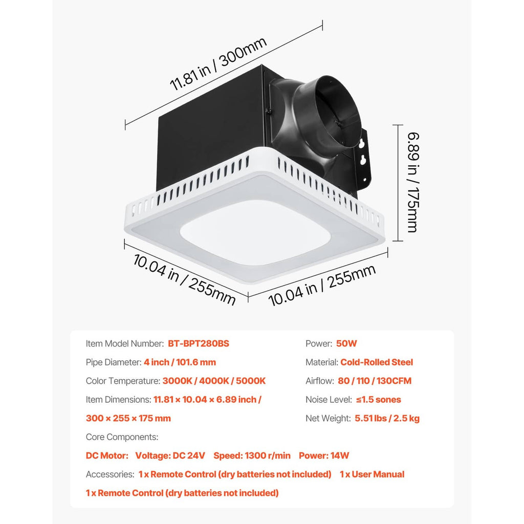 Ceiling bathroom ventilation fan with black duct connector and white square LED light panel