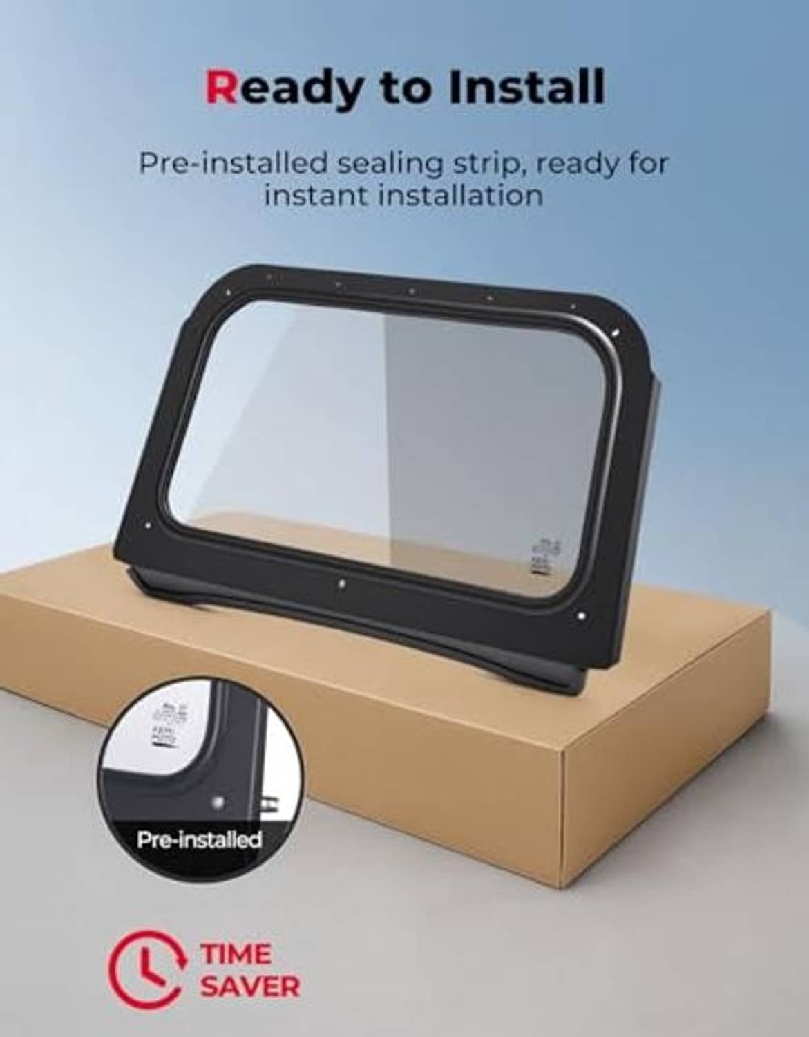 Clear front windshield with black frame and pre-installed sealing strip, shown in box packaging.