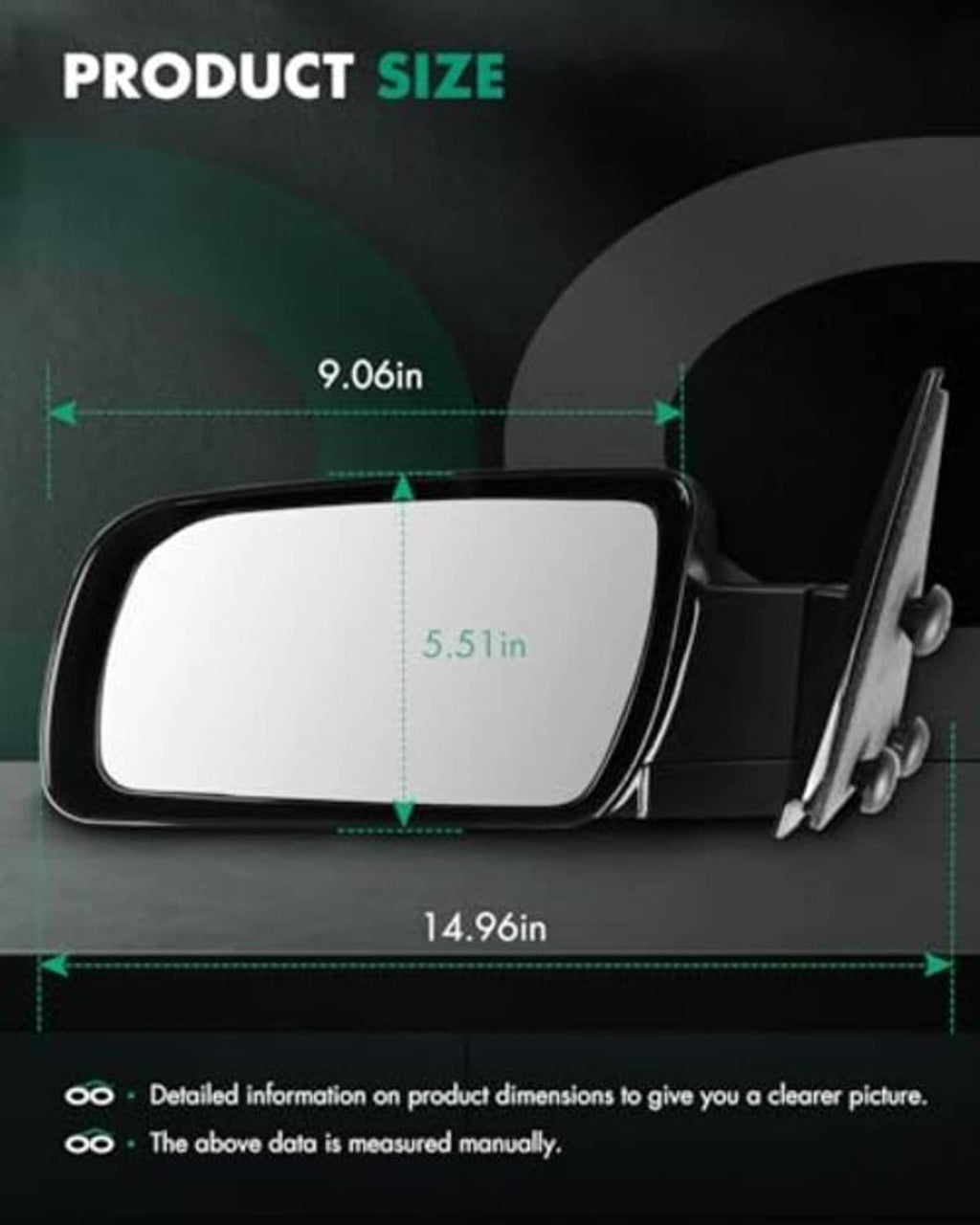 Replacement driver-side mirror with size outline and mounting hardware view