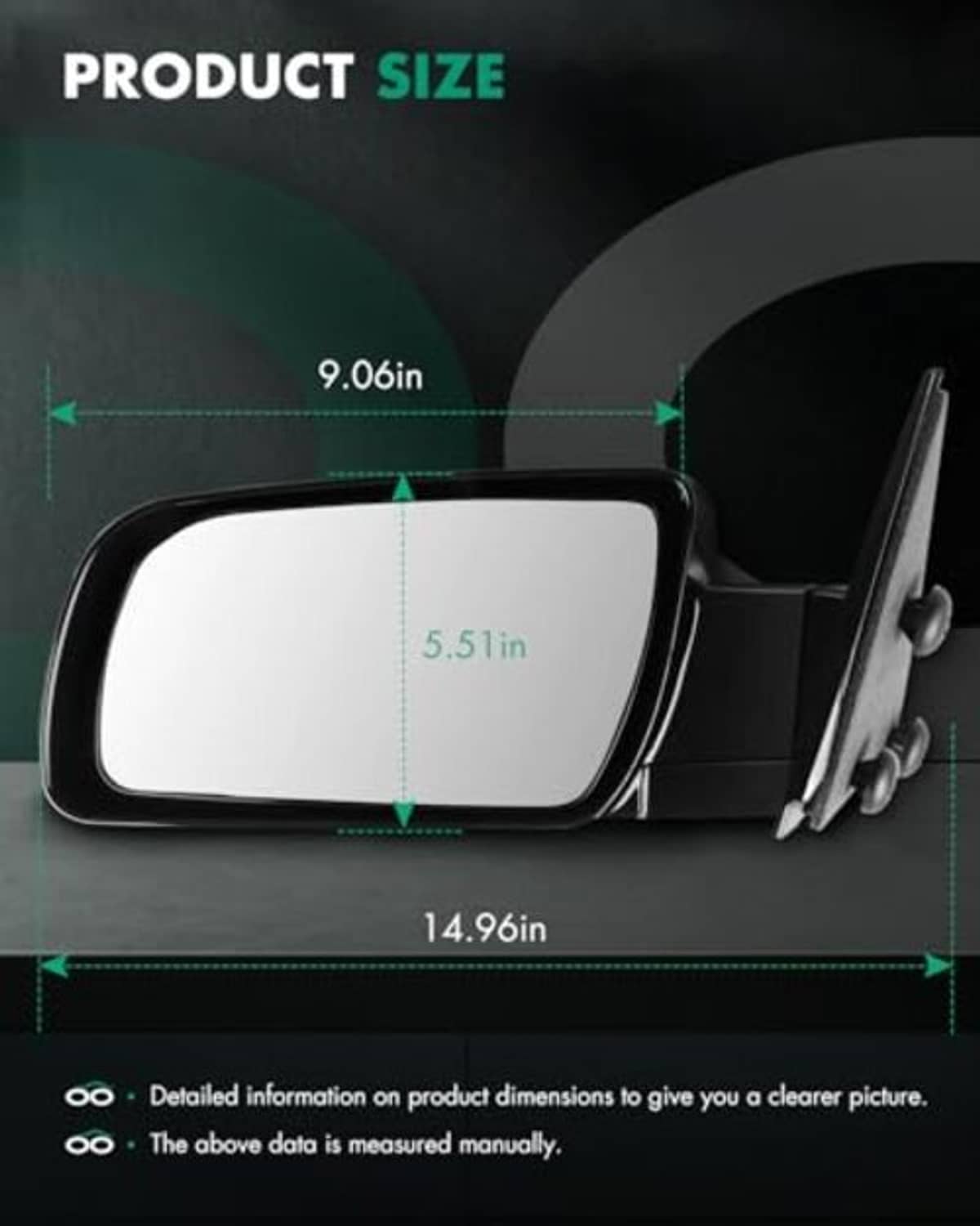 Replacement driver-side mirror with size outline and mounting hardware view