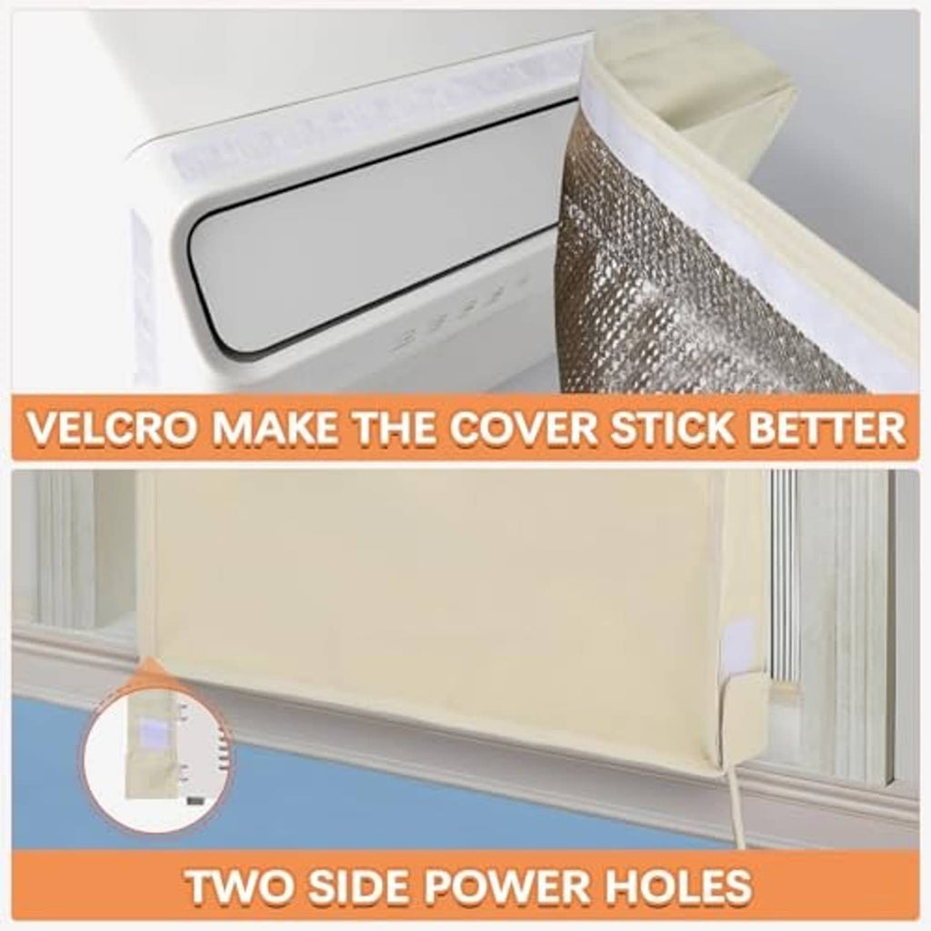 Beige AC window cover with Velcro edges and side power cutouts for outlet access