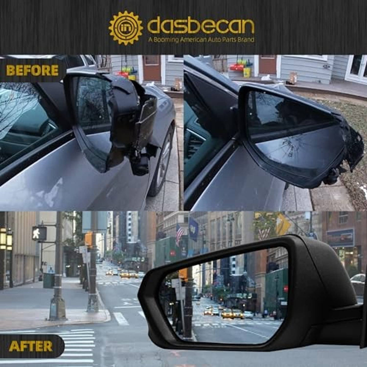 Installed driver side mirror with black textured housing on vehicle