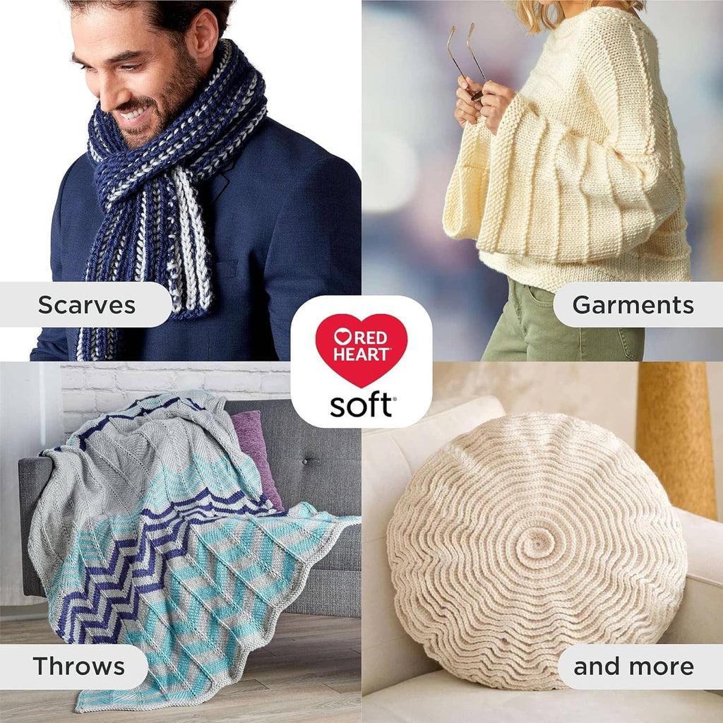 Knitted scarf and garments in blue and cream colors, Red Heart soft branding