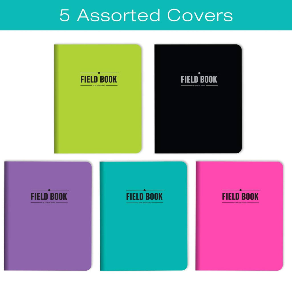 Five-pack field notebook covers in lime, purple, black, teal, and pink
