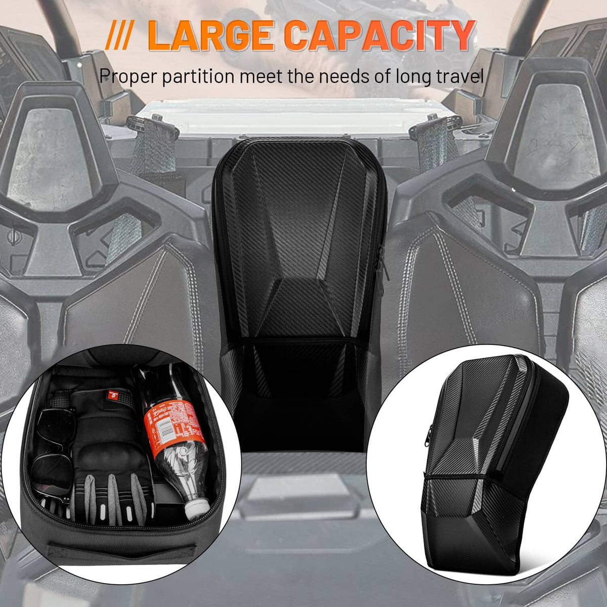 Black UTV storage bag centered between seats with front zip opening.