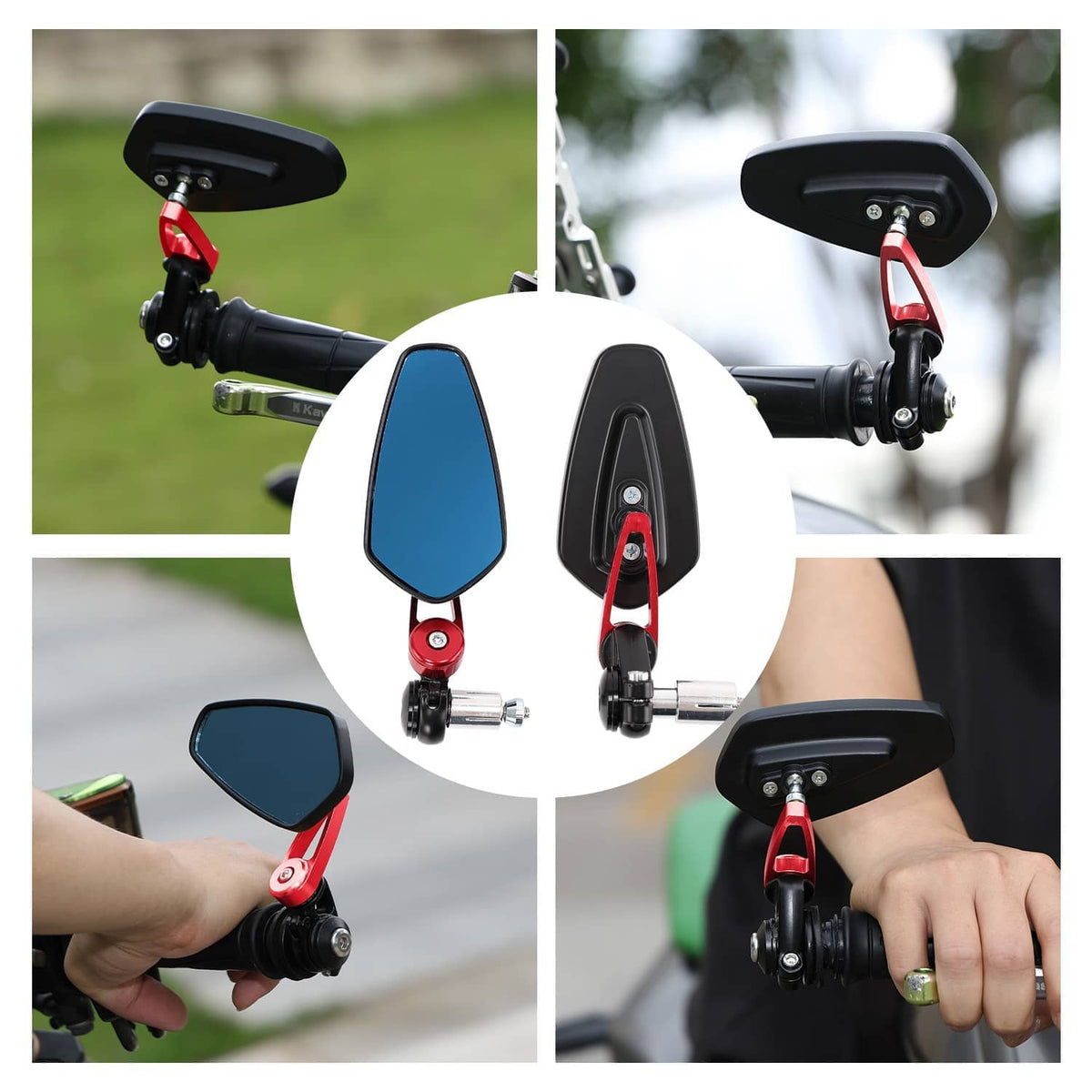 Motorcycle handlebar bar-end mirrors with blue lenses and red pivot arms on the bike.
