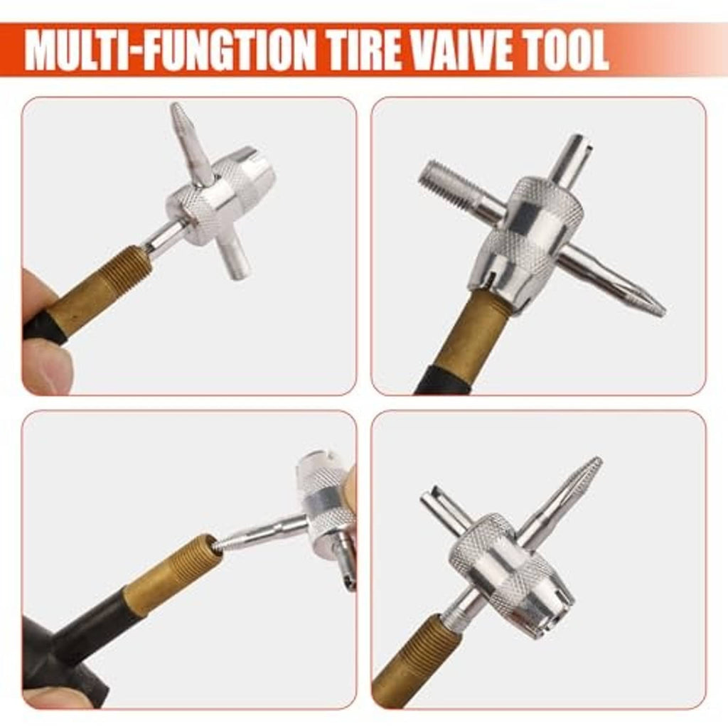 Multi-function tire valve tool with silver lever head and threaded attachment ends