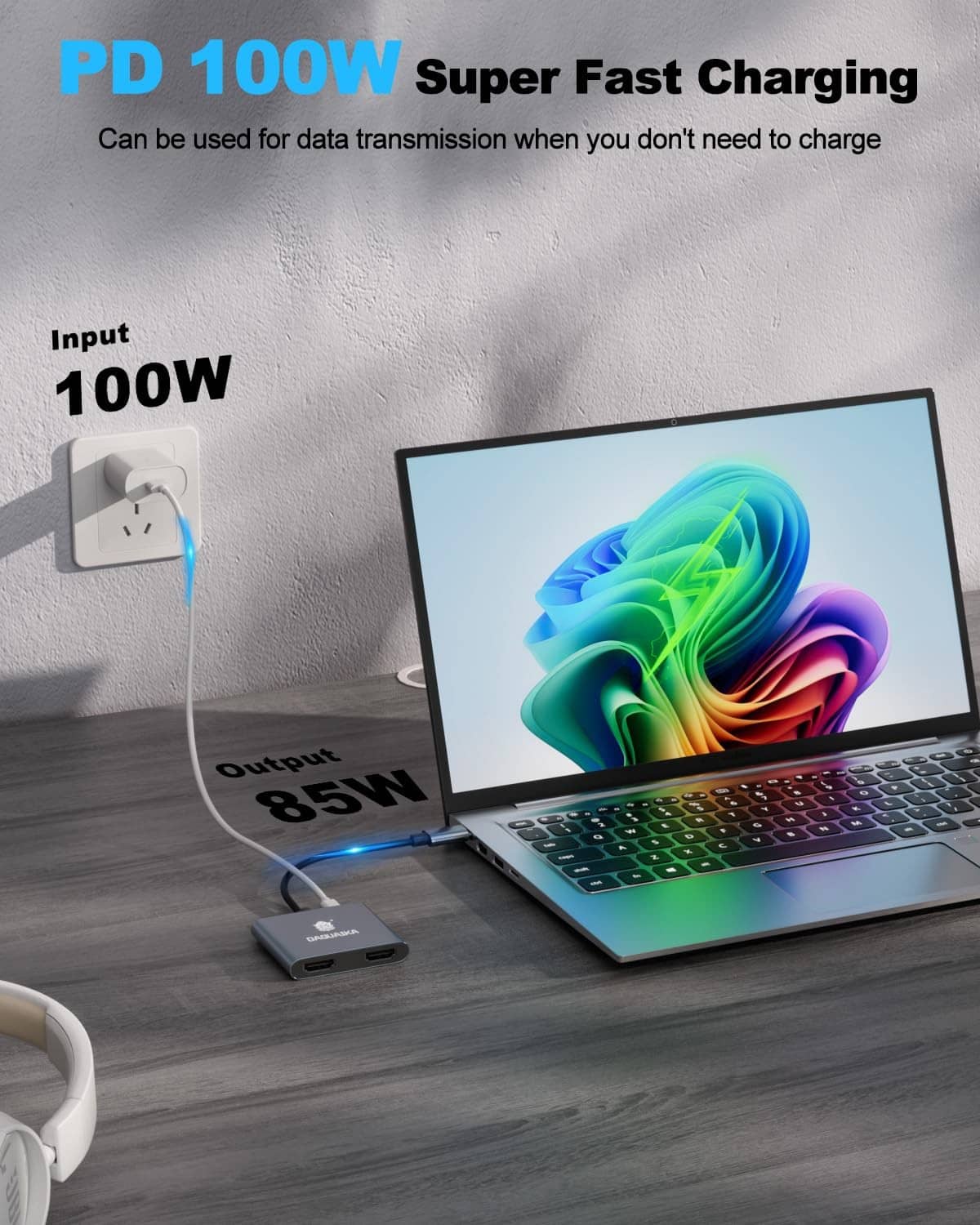 Grey USB-C dual HDMI adapter with USB-C input and power delivery support