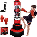 Red inflatable kids punching bag with ninja graphic, black-red base, child with red boxing gloves