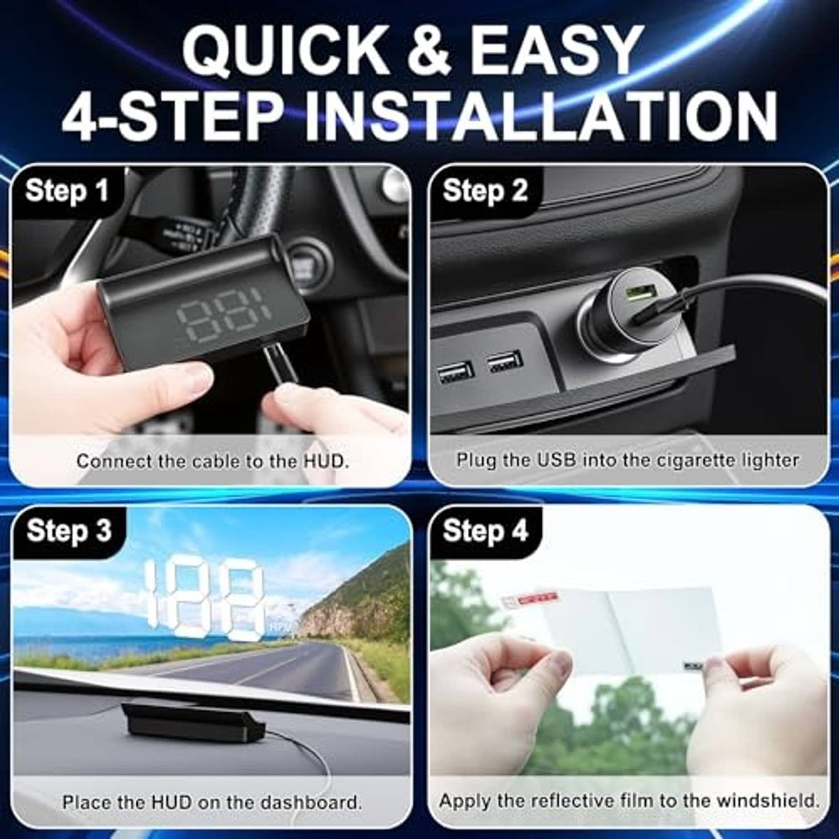 HUD installation kit with black display unit, cable, and USB power plug