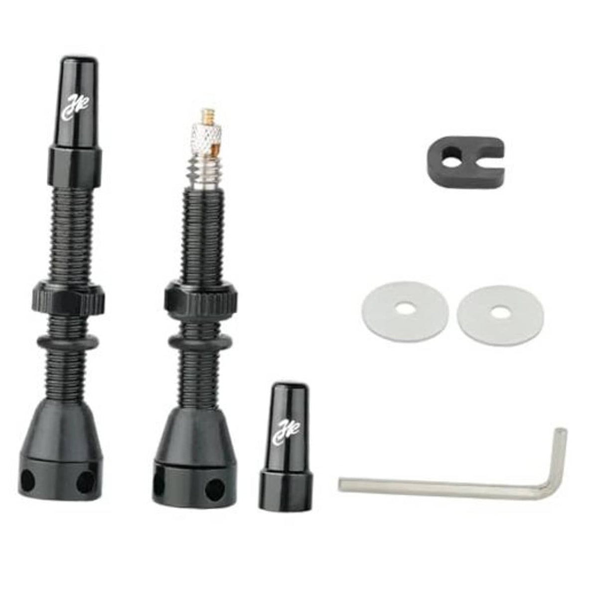 Presta bicycle valve stems set: black stems, caps, washers, L tool