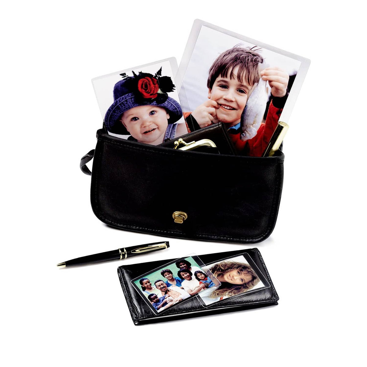 Family photo cards in a black pouch-style holder for lamination protection