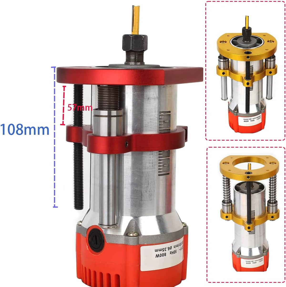 Adjustable router lift with red collar, metal cylinder, and center height-adjust screw