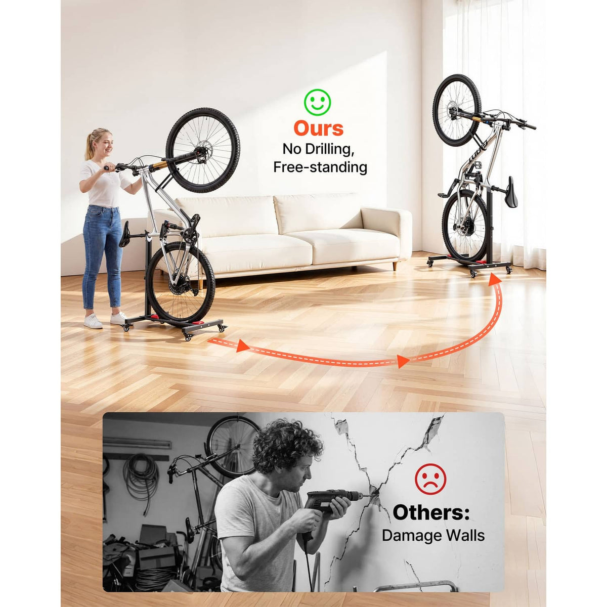 Freestanding bike stand with tall post and adjustable base with red wheel blocks