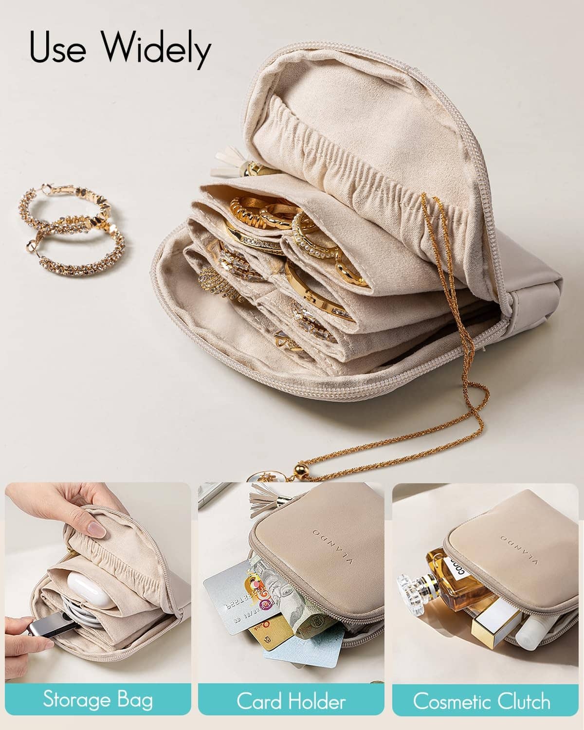 Beige jewelry travel pouch open with soft lining and compartment storage pockets